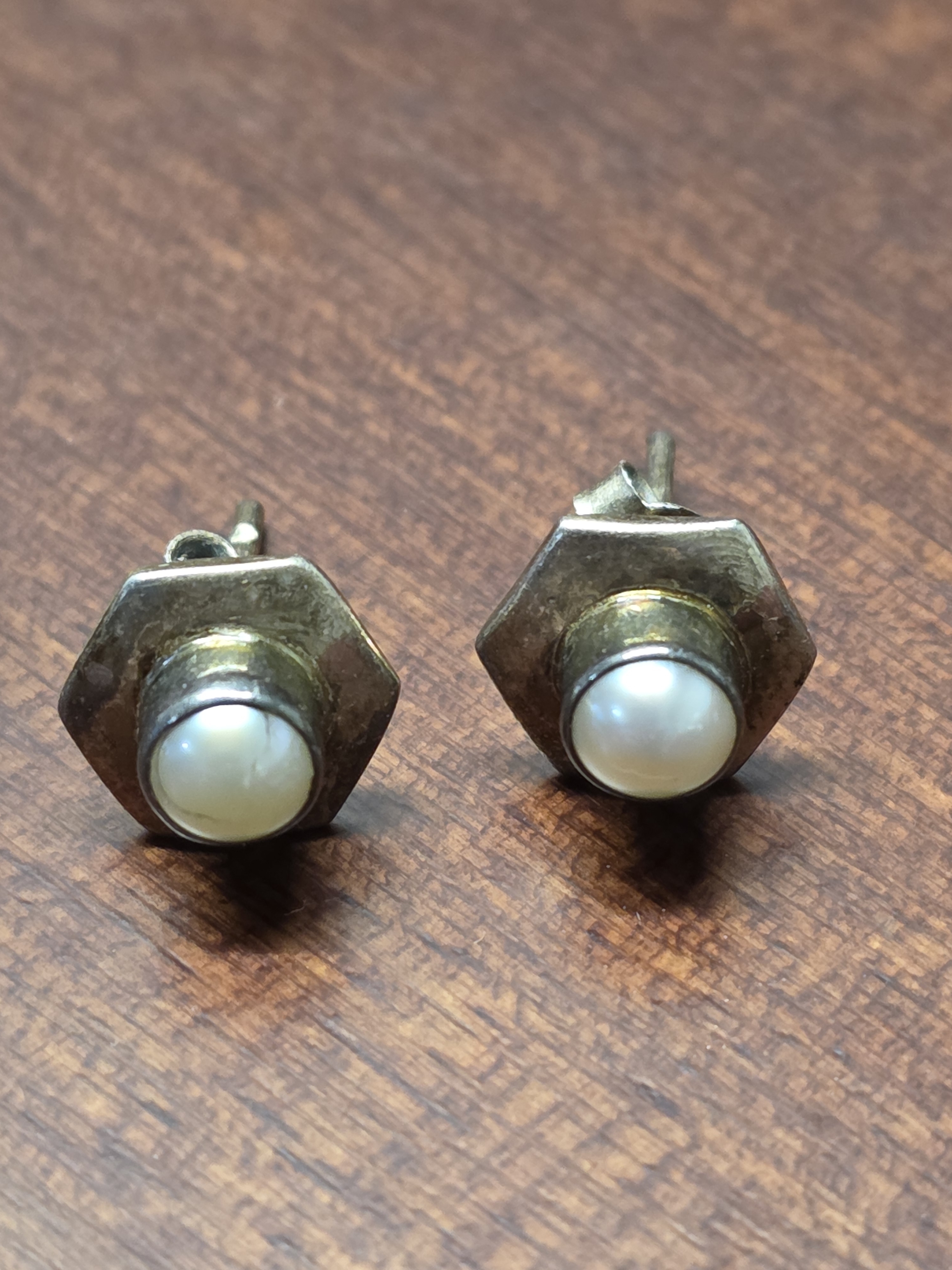 Pearl Hex Nut Stud Earrings - White Pearl Accent Sterling Silver 25$
